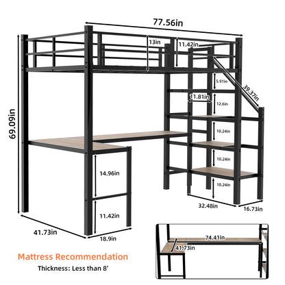 Loft Bed &amp; L-Shaped Desk, Large Storage Space