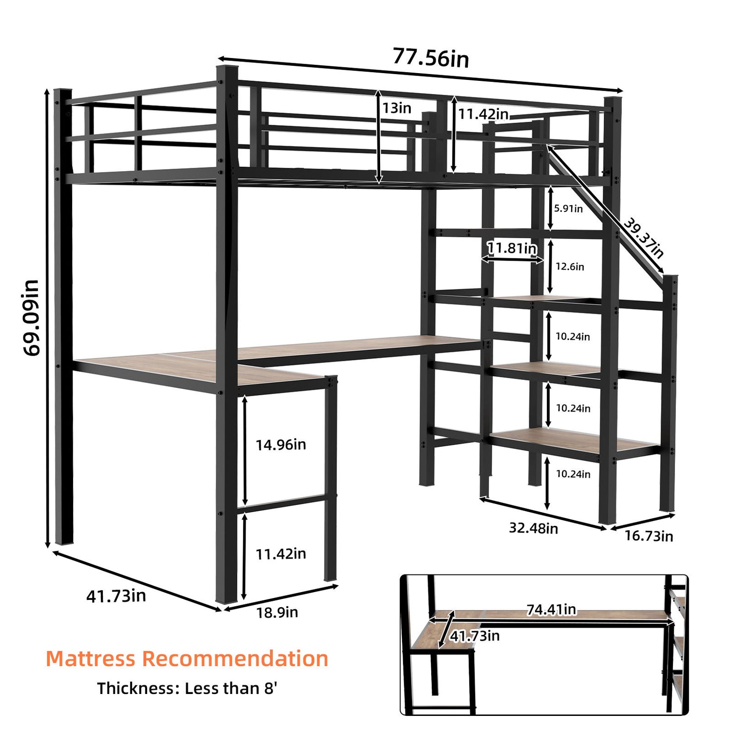 Loft Bed &amp; L-Shaped Desk, Large Storage Space