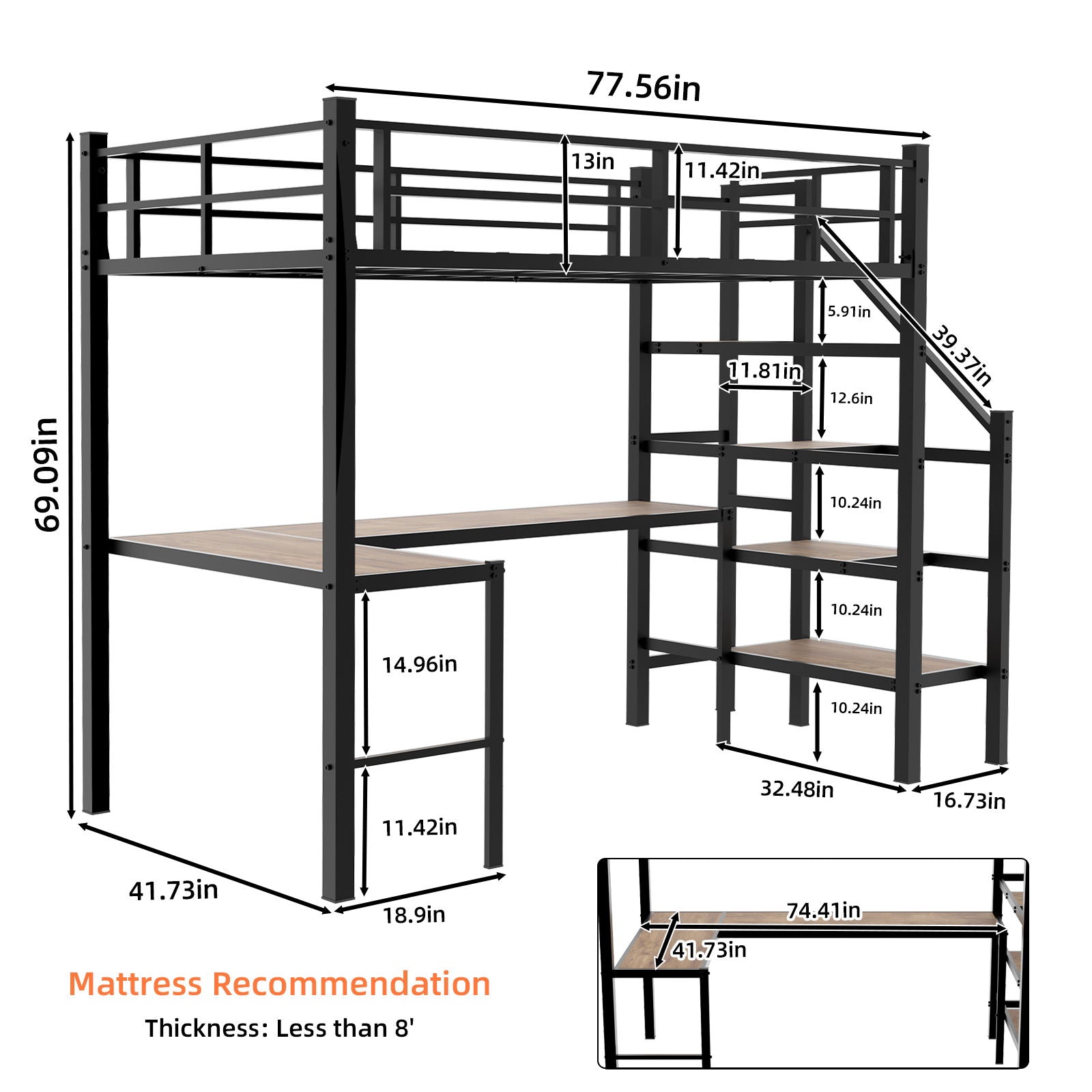 Loft Bed &amp; L-Shaped Desk, Large Storage Space