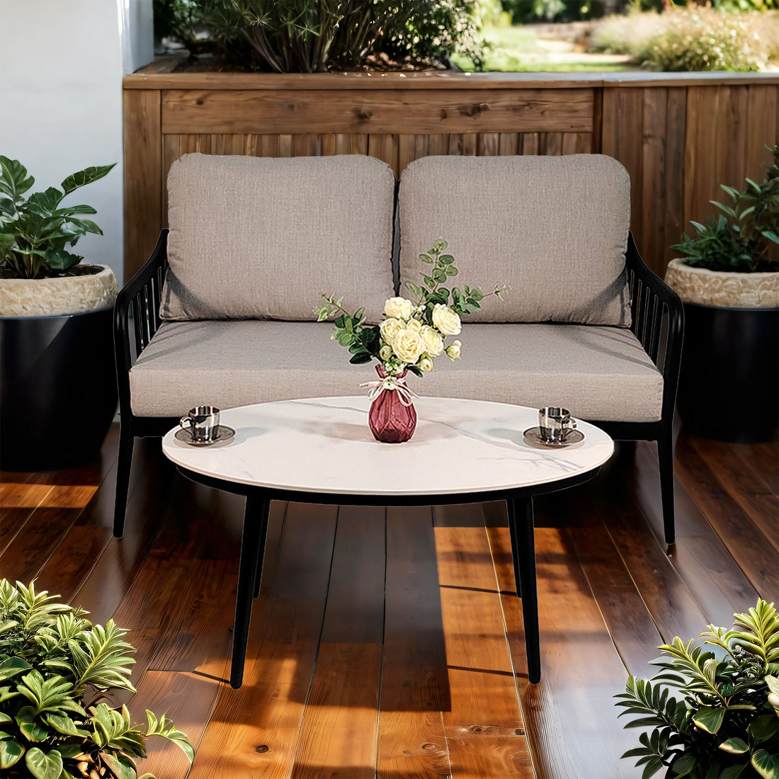 2 Piece Outdoor Patio Furniture, Modern Loveseat Sofa Conversation / Chat Set, Sunbrella Cushions And Oval Coffee Table - Ember Black