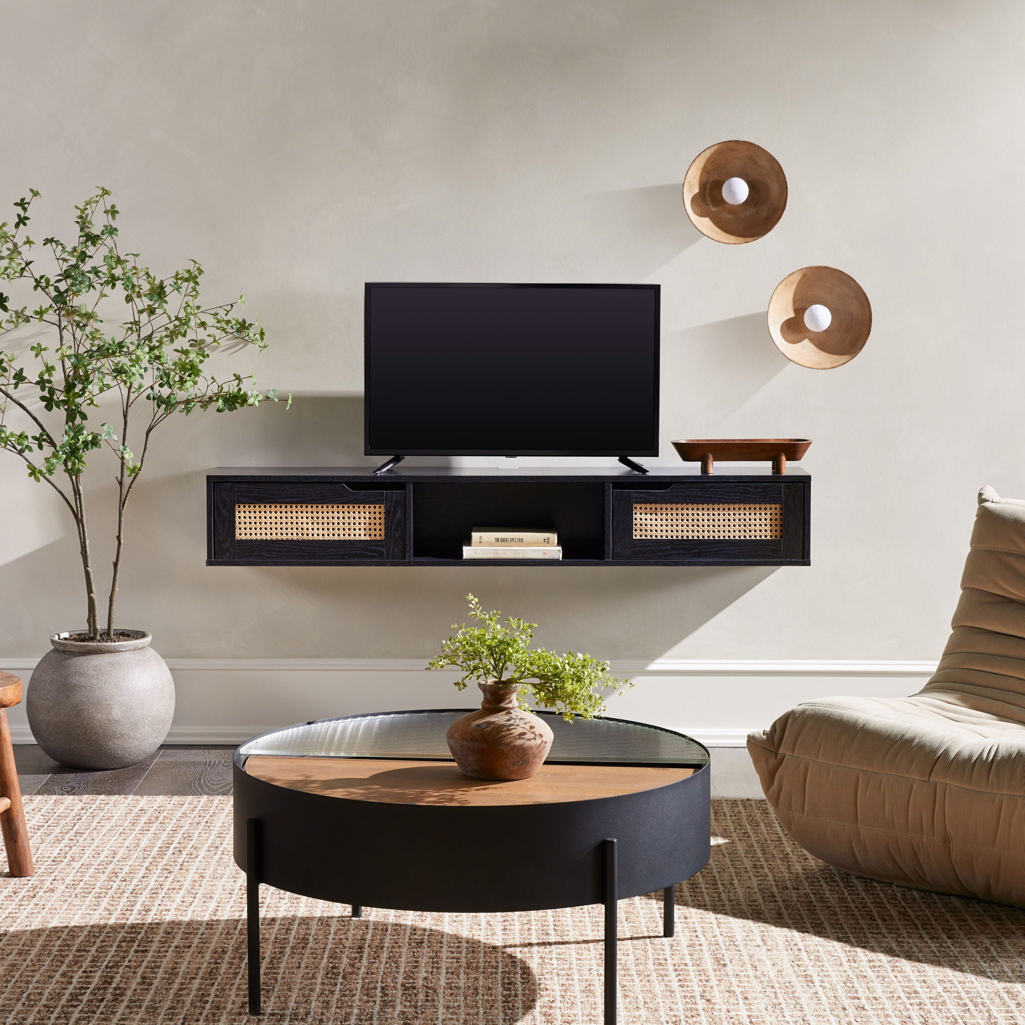 Modern Rattan Door Floating TV Stand For TVs Up To 65&quot;