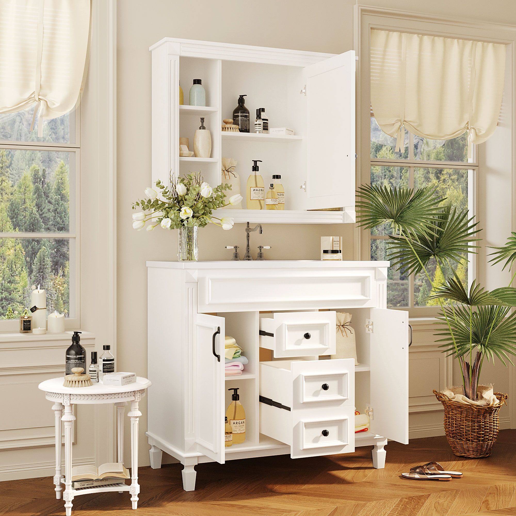 Bathroom Vanity With Top Sink, Mirror Cabinet, 2 Soft Closing Doors &amp; 2 Drawers