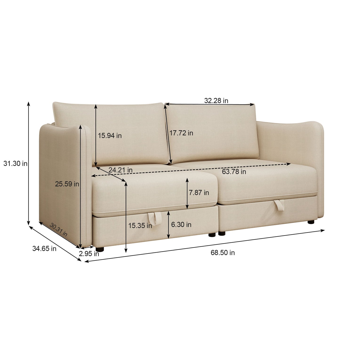 Modular Sectional Sofa With Storage, Convertible 2 Seater Sleeper Sofa - Beige