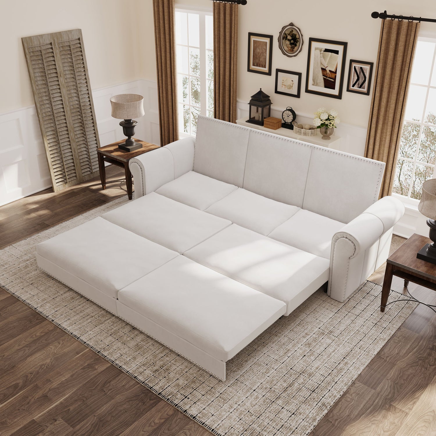 3 In 1 Convertible Sleeper Sofa With Nailhead Trim &amp; Rolled Arm