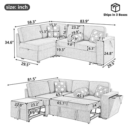 Convertible Sectional L-Shaped Sofa With Dual Pull-Out Sleepers, Flip-Top Table, USB Ports, Cup Holder &amp; Storage