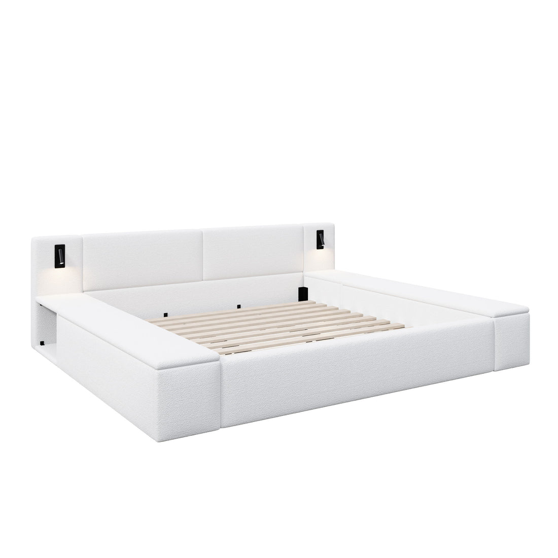 Upholstered Platform Bed Frame With Hidden Storage, Built-In Nightstands &amp; LED Reading Lights