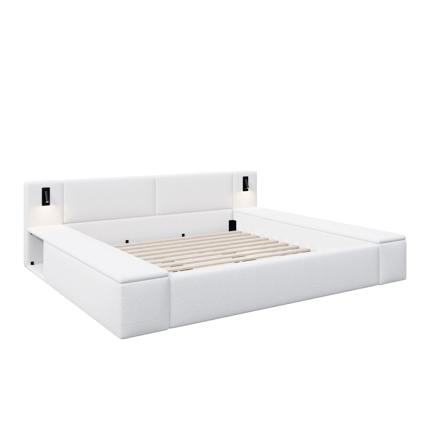 Upholstered Platform Bed Frame With Hidden Storage, Built-In Nightstands &amp; LED Reading Lights