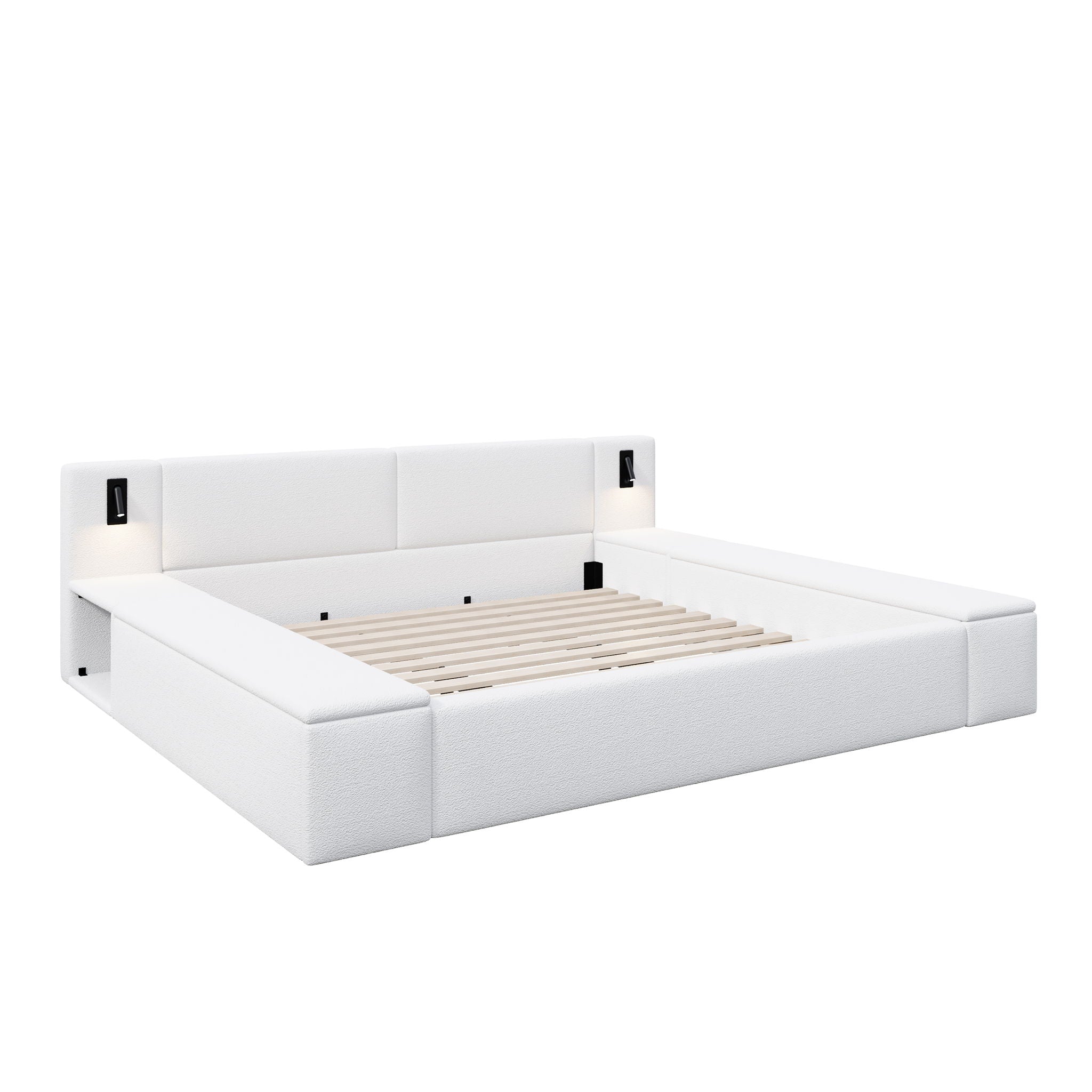 Upholstered Platform Bed Frame With Hidden Storage, Built-In Nightstands &amp; LED Reading Lights