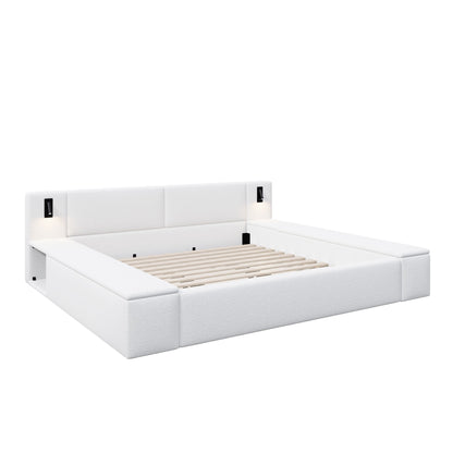 Upholstered Platform Bed Frame With Hidden Storage, Built-In Nightstands &amp; LED Reading Lights