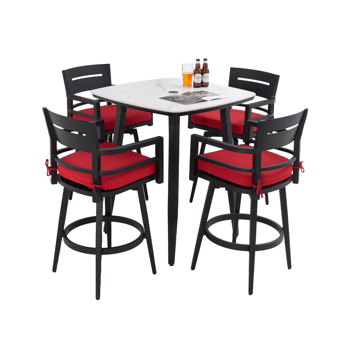 5 Pieces Outdoor Patio Bar Set, Rounded Square Sintered Stone Table &amp; 4 Swivel Bar Chairs
