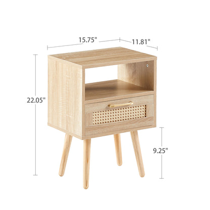 15.75&quot; Rattan End Table With Drawer And Solid Wood Legs, Modern Nightstand, Side Table For Living Room, Bedroom