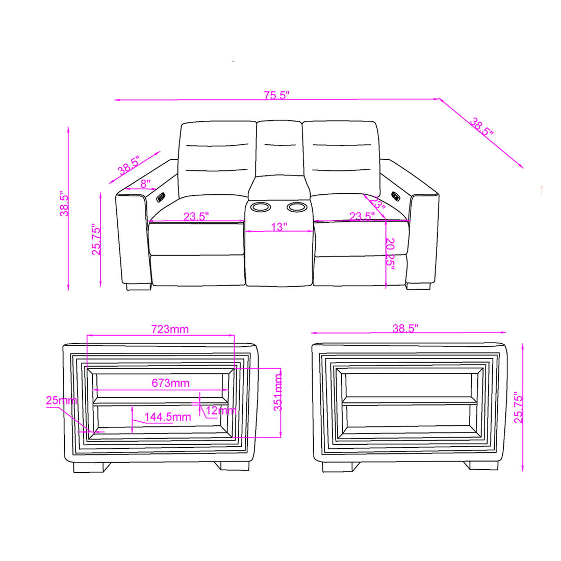Yamein - Power Reclining Loveseat With Bookcase Arms And LED Lights - Charcoal