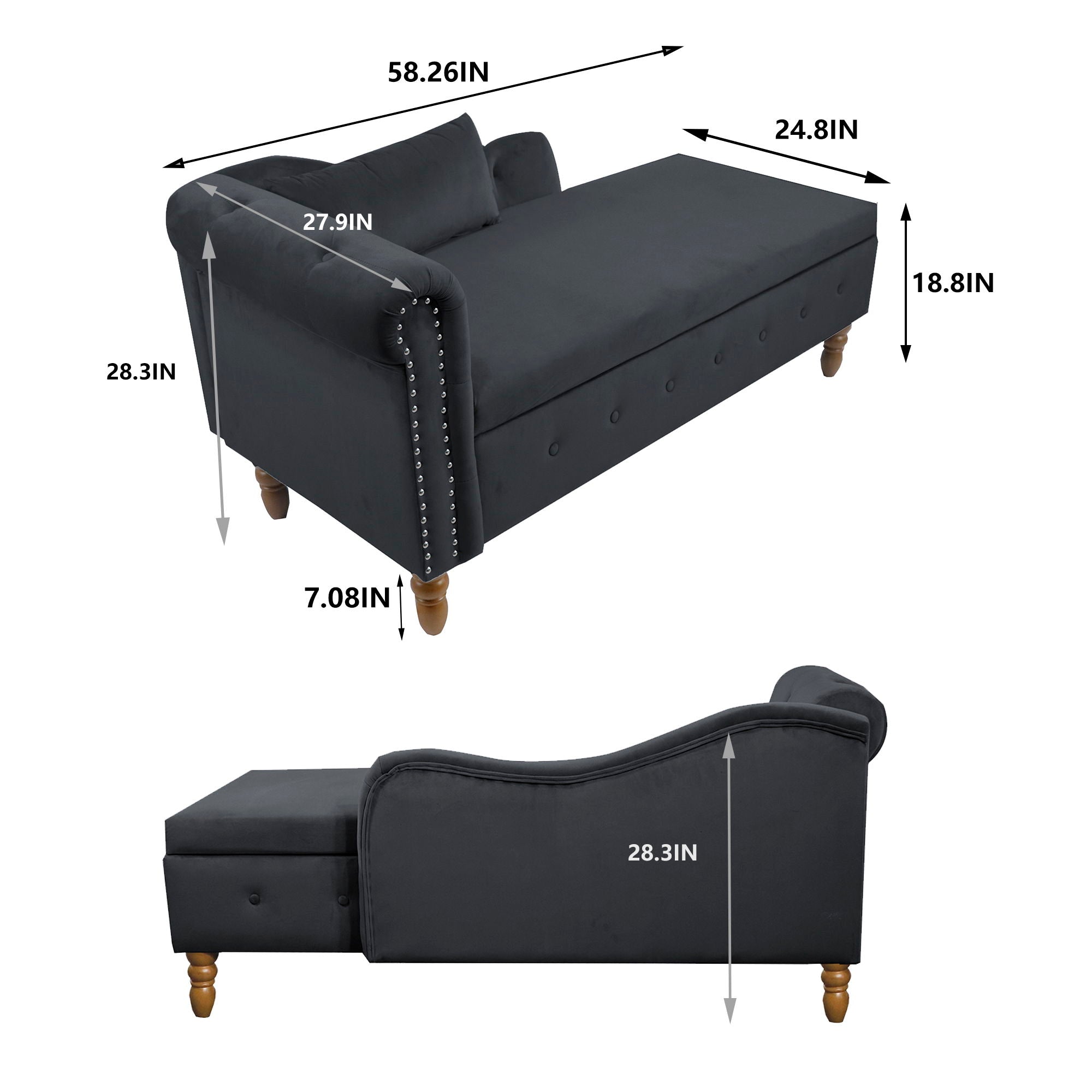 Chaise Lounge Indoor, Velvet Lounge Chair For Bedroom With Storage &amp; Pillow, Modern Upholstered Rolled Arm Chase Lounge For Sleeping With Nailhead Trim For Living Room Bedroom Office
