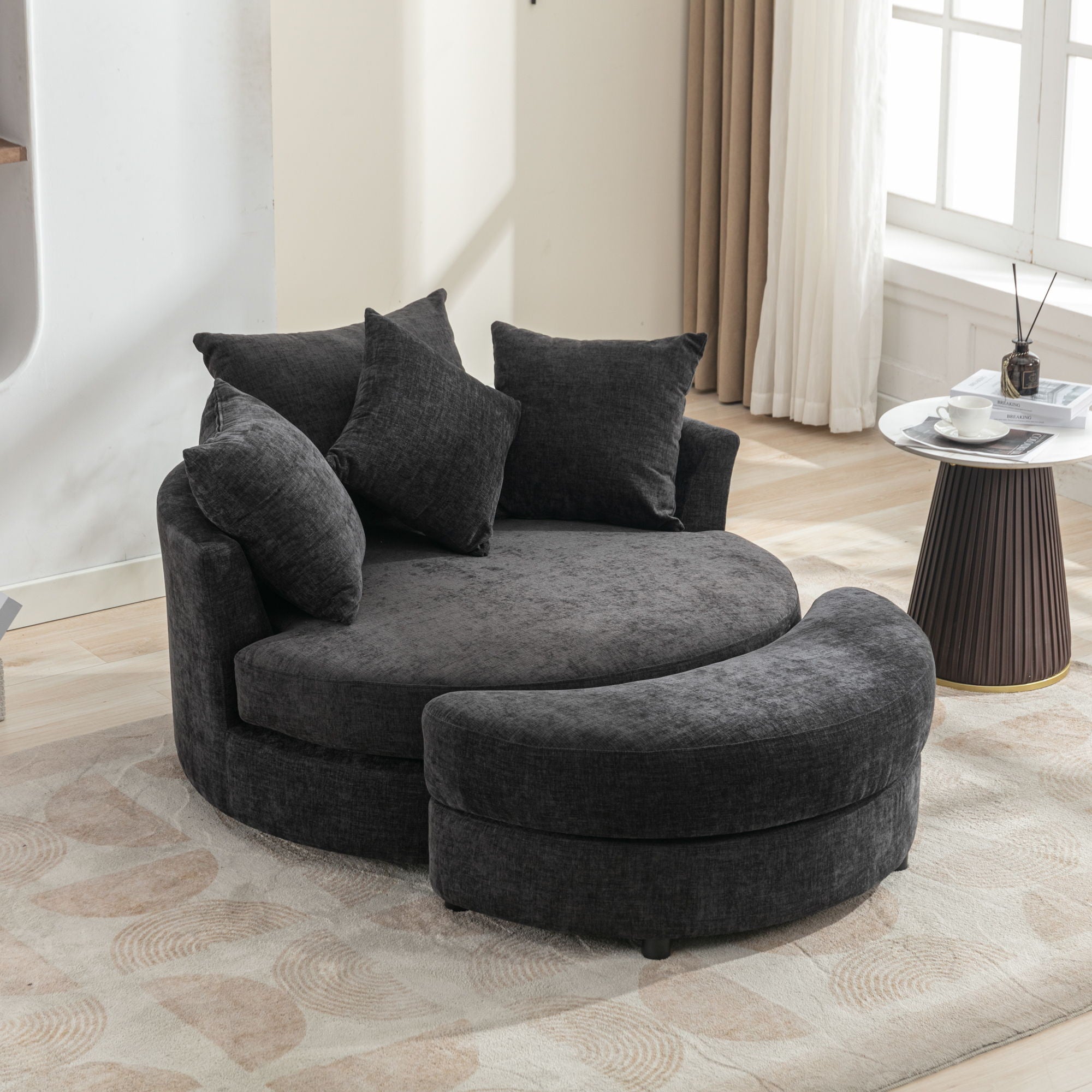 360° Swivel Accent Barrel Chair With Storage Ottoman &amp; 4 Pillows, Modern Chenille Leisure Chair Round Accent For Living Room
