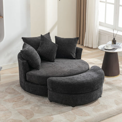 360° Swivel Accent Barrel Chair With Storage Ottoman &amp; 4 Pillows, Modern Chenille Leisure Chair Round Accent For Living Room