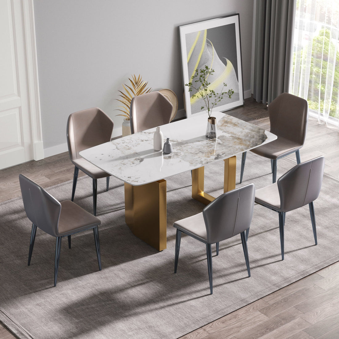 63&quot; Artificial Stone Pandora White Curved Golden Metal Leg Dining Table, 6 People - Antique White / Gold