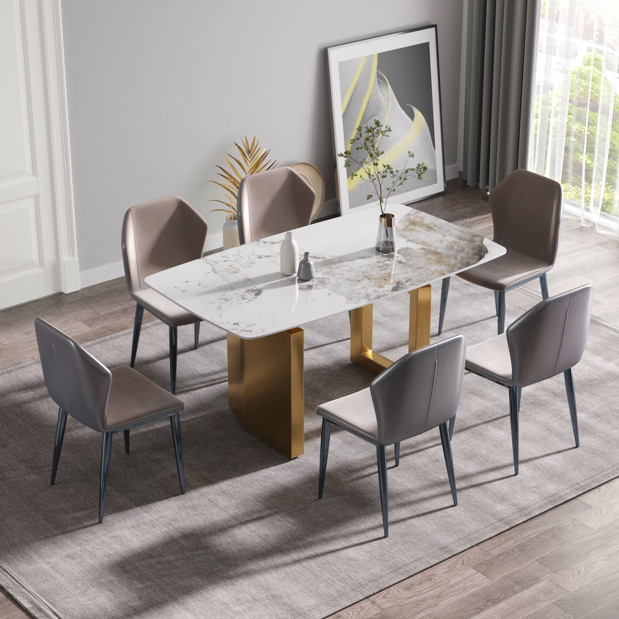 63&quot; Artificial Stone Pandora White Curved Golden Metal Leg Dining Table, 6 People - Antique White / Gold