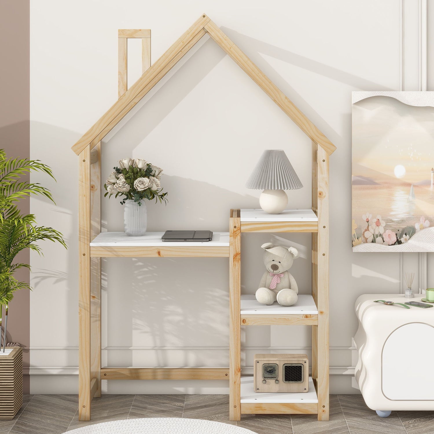House-Shaped Wooden Writing Desk, Kids Study Table, Bookshelf &amp; Toy Storage