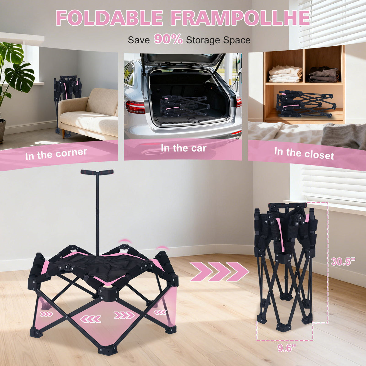 Foldable Mini Trampoline, 1 Step Fold &amp; Open, 3 Level Adjustable T - Bar, Indoor &amp; Outdoor Workout - Black / Pink