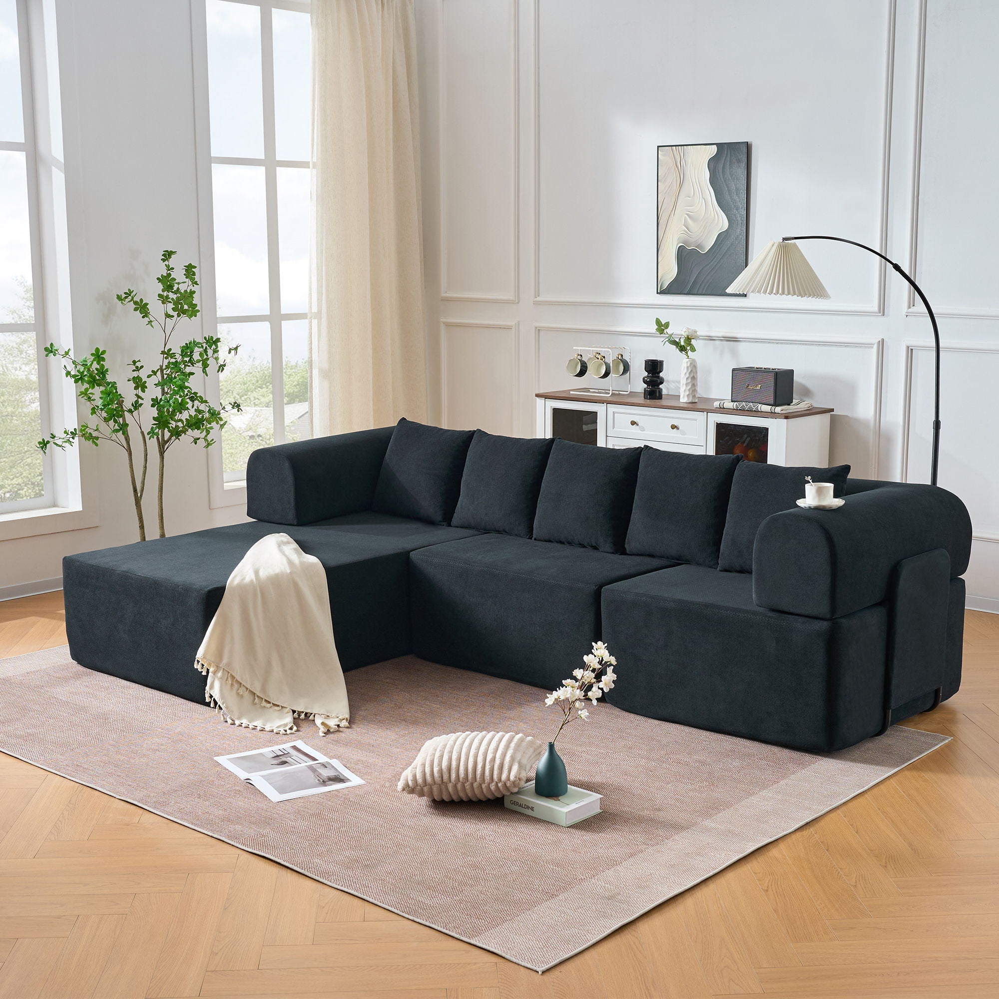 Modular L-Shaped Sectional Sofa With Deep Seat, Movable Chaise &amp; 5 Pillows