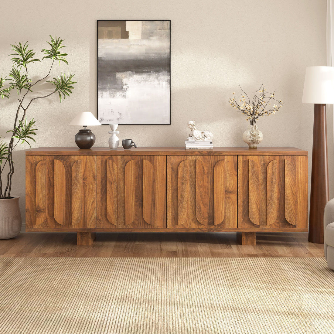 Farmhouse TV Stand, Storage Media Console With Adjustable Shelves &amp; 3 Cable Holes