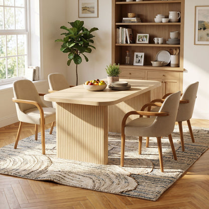 5 Piece Indoor Dining Set With Fluted Table &amp; Chairs - Khaki / Light Oak / Natural