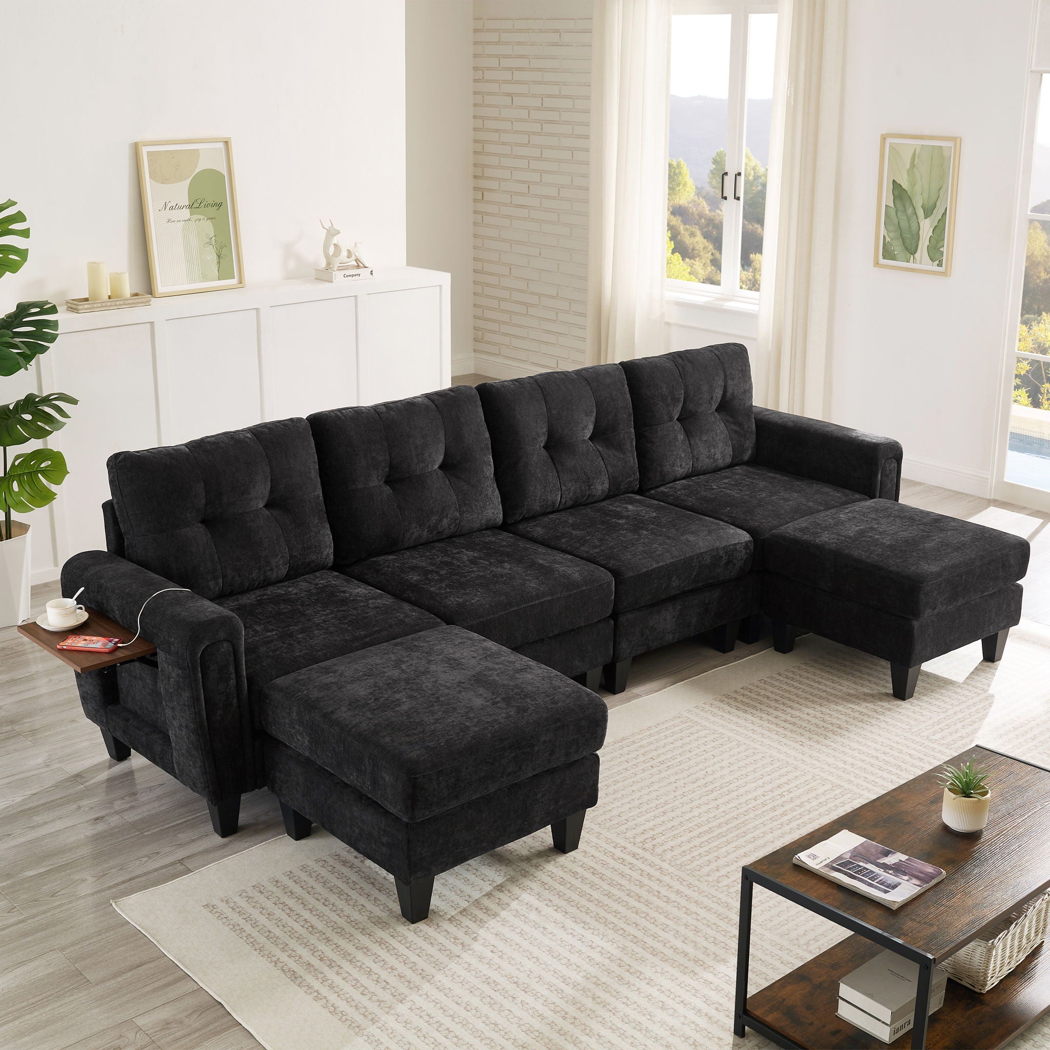 Modular Sectional Sofa With Movable Ottomans, USB Ports &amp; Side Tables