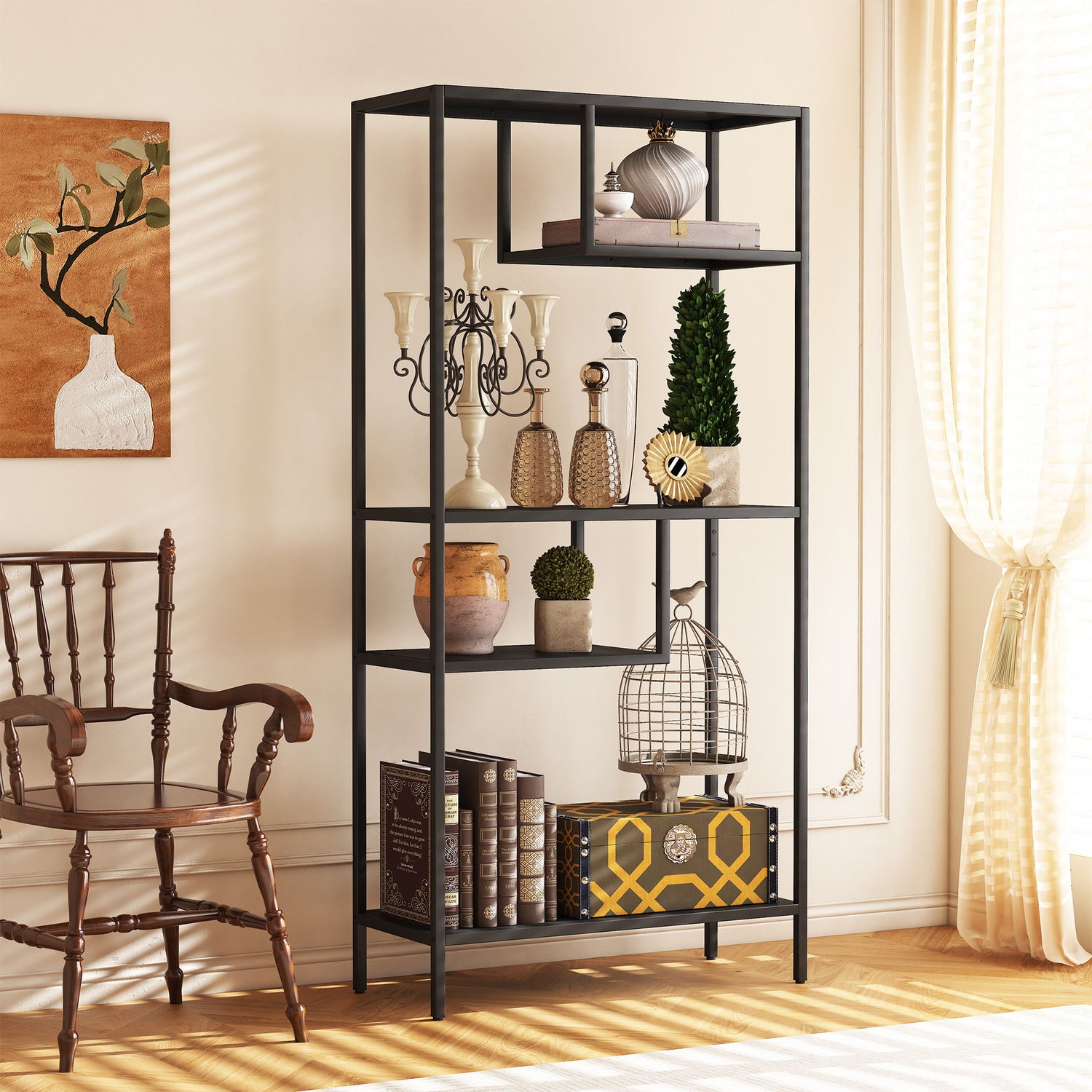 Modern Cube Storage Shelf With 4 Compartments &amp; Metal Legs, Freestanding Organizer For Living Room, Bedroom, Home Office - Brushed Nickel