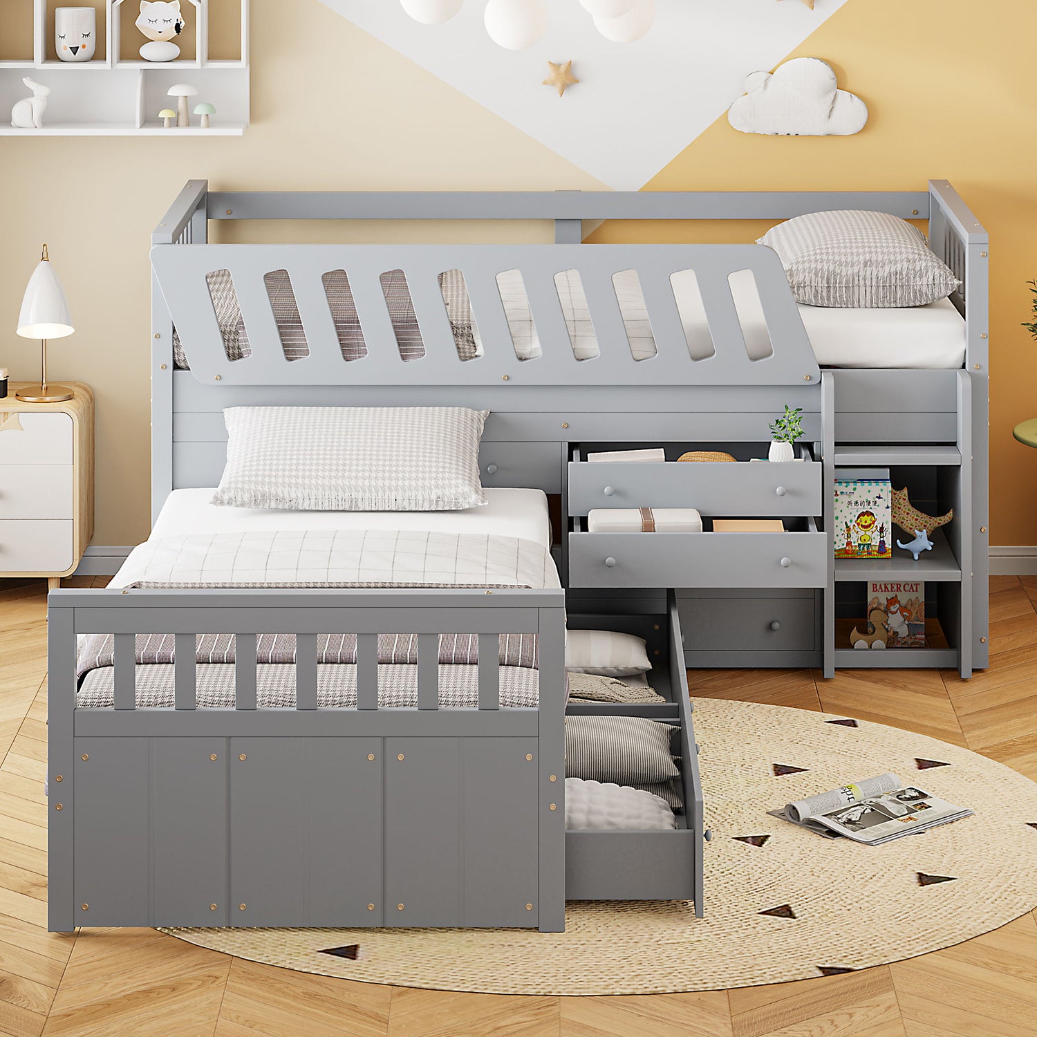 Loft Platform Bed With 7 Drawers And Full Guardrails, Modern L Shaped Space Savin