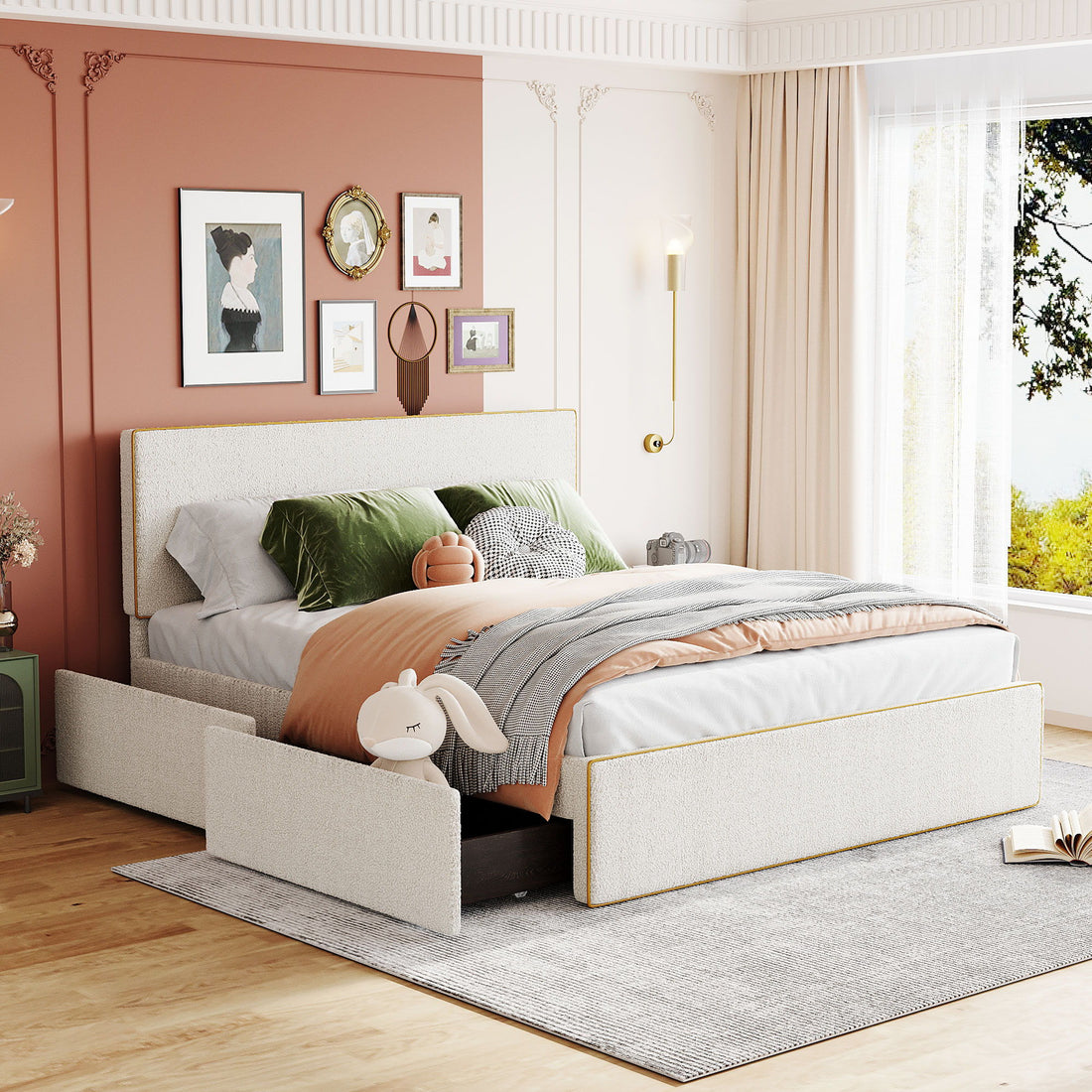 Upholstered Platform Bed With 4 Drawers And Edge On The Headboard &amp; Footboard