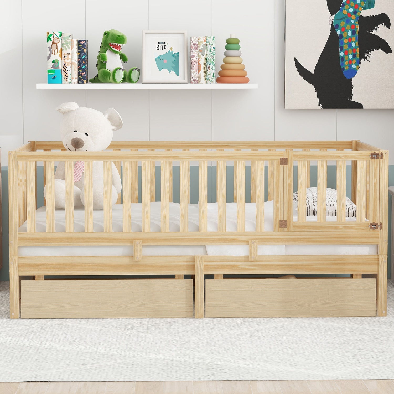 Daybed With Fence Guardrails And 2 Drawers, Split Into Independent Floor Bed &amp; Daybed