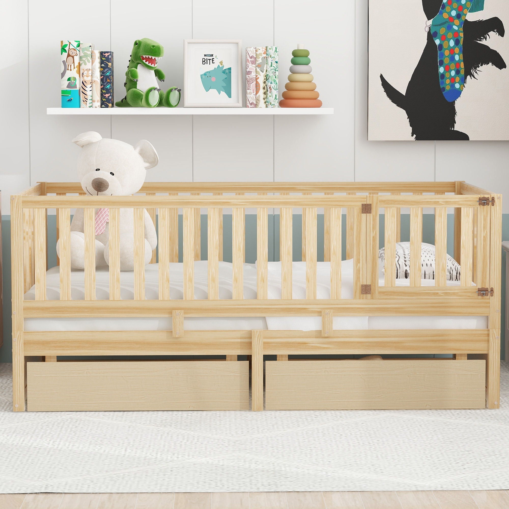Daybed With Fence Guardrails And 2 Drawers, Split Into Independent Floor Bed &amp; Daybed