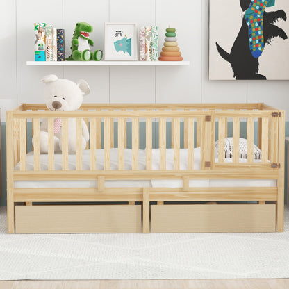 Daybed With Fence Guardrails And 2 Drawers, Split Into Independent Floor Bed &amp; Daybed
