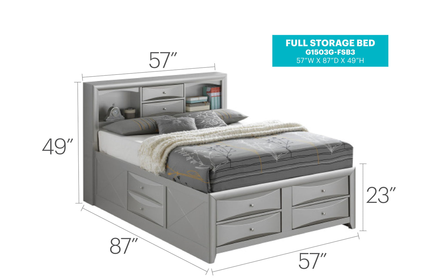 Modern Design Storage Bed With Bookcase Headboard