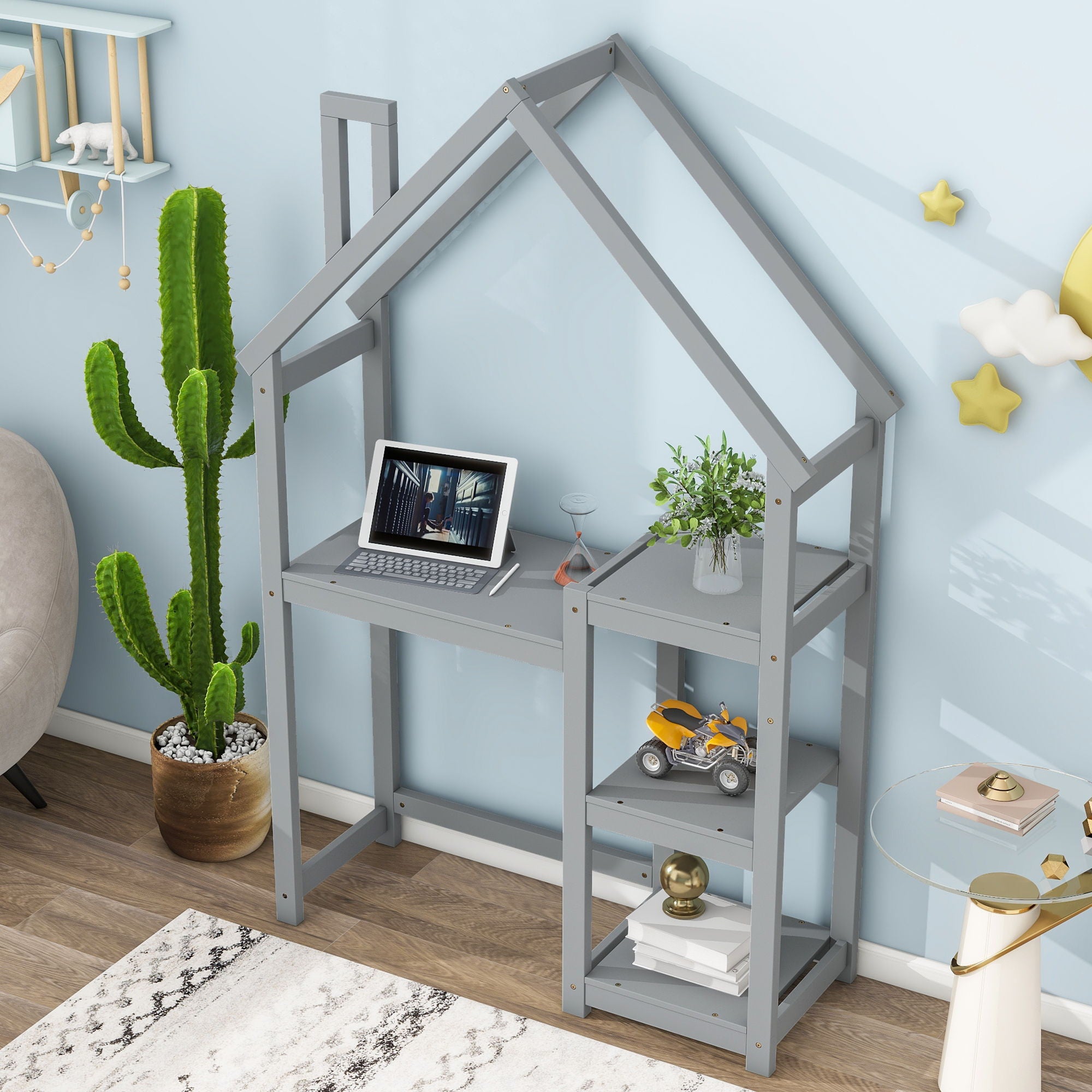 House-Shaped Wooden Writing Desk, Kids Study Table, Bookshelf &amp; Toy Storage