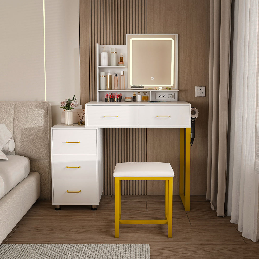 Elegant Makeup Vanity With Led Lights &amp; Power Outlet - White