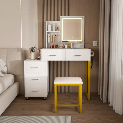 Elegant Makeup Vanity With Led Lights &amp; Power Outlet - White