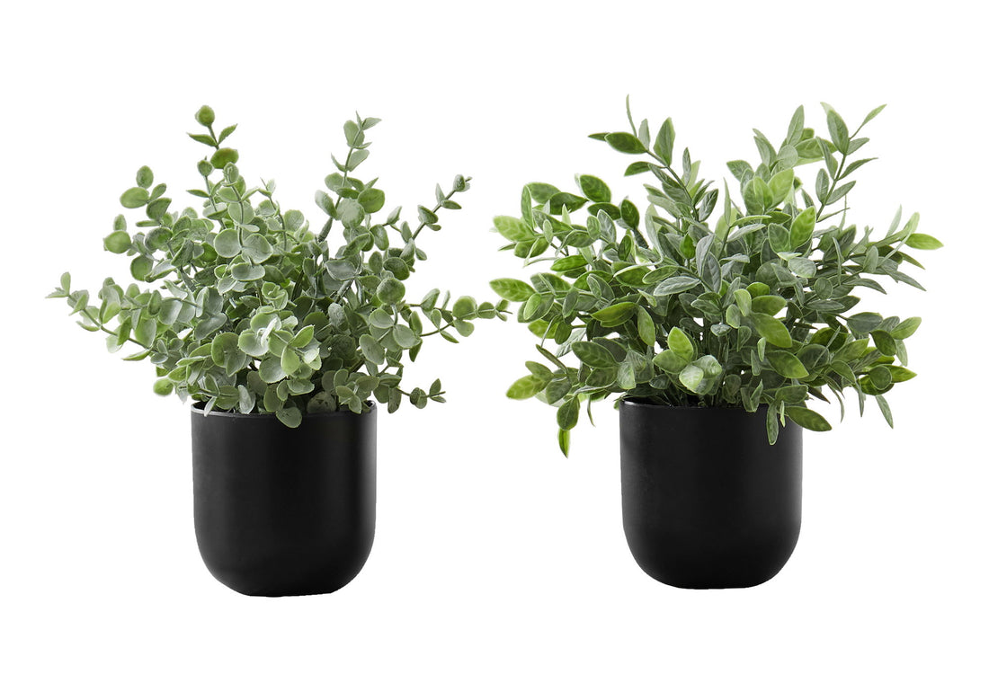 11&quot; Tall, Artificial Plant, Eucalyptus Grass, Indoor, Faux, Fake, Table, Greenery, Potted, Decorative (Set of 2) - Green / Black