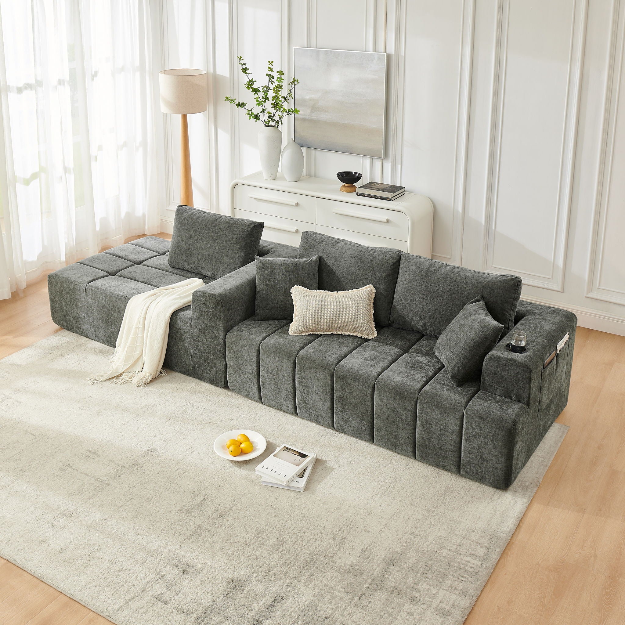 L - Shaped Sectional Sofa With Cup Holders &amp; Side Pockets