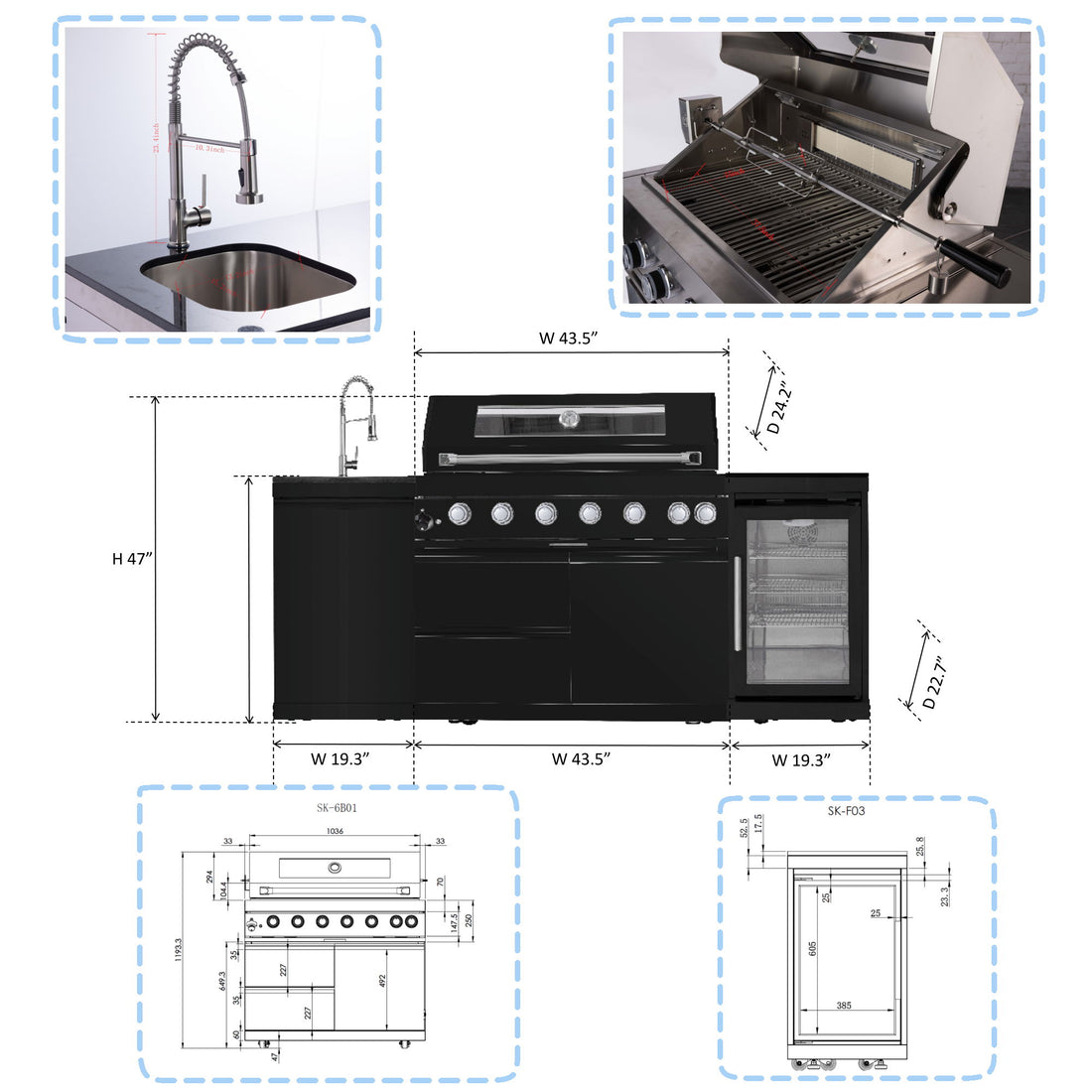 6 Burner 85, 000 Btu Outdoor Kitchen Island Grill With Wine Cooler Refrigerator, Rotisserie Kit, Granite Countertops &amp; Sink - Black
