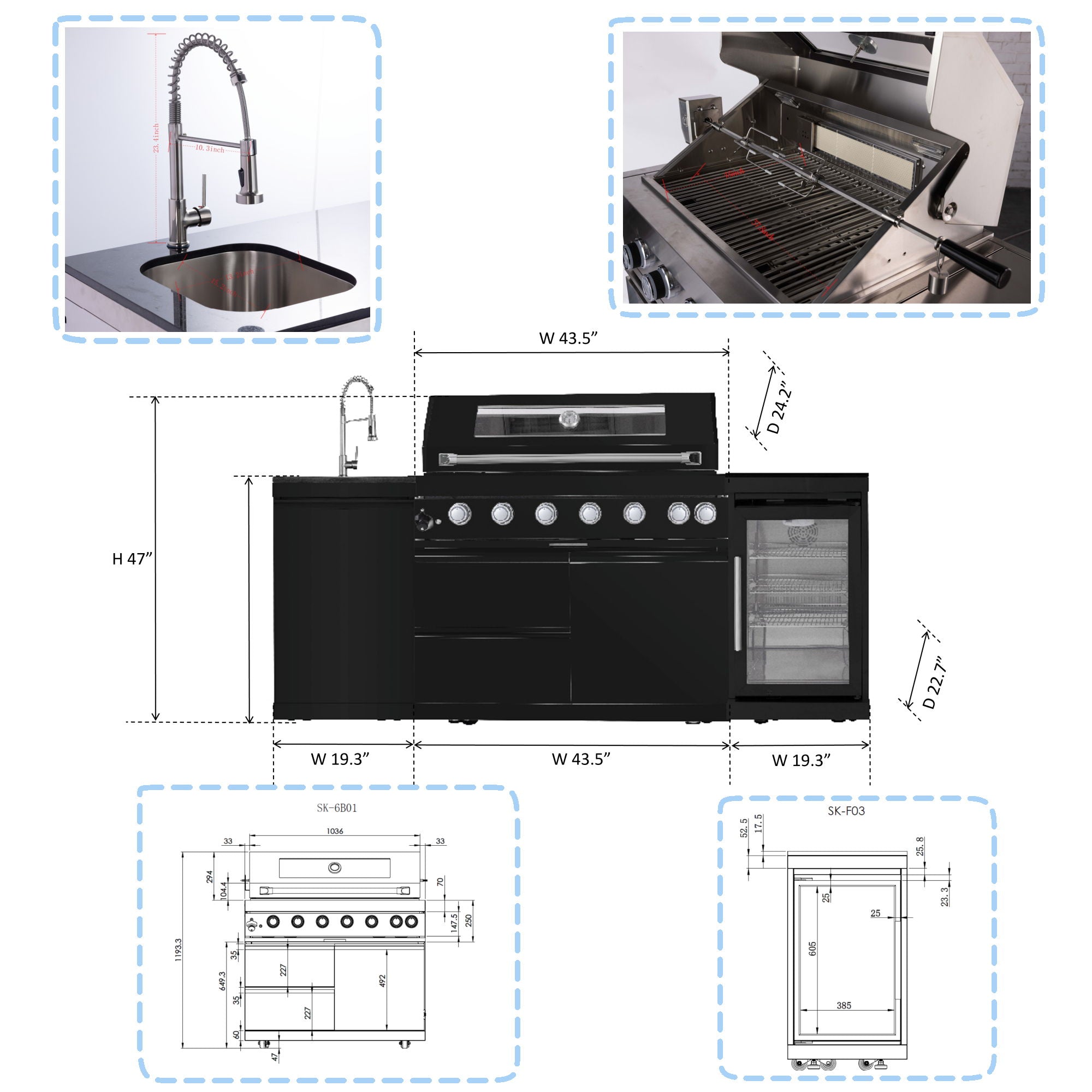 6 Burner 85, 000 Btu Outdoor Kitchen Island Grill With Wine Cooler Refrigerator, Rotisserie Kit, Granite Countertops &amp; Sink - Black