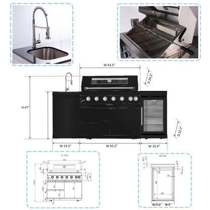 6 Burner 85, 000 Btu Outdoor Kitchen Island Grill With Wine Cooler Refrigerator, Rotisserie Kit, Granite Countertops &amp; Sink - Black