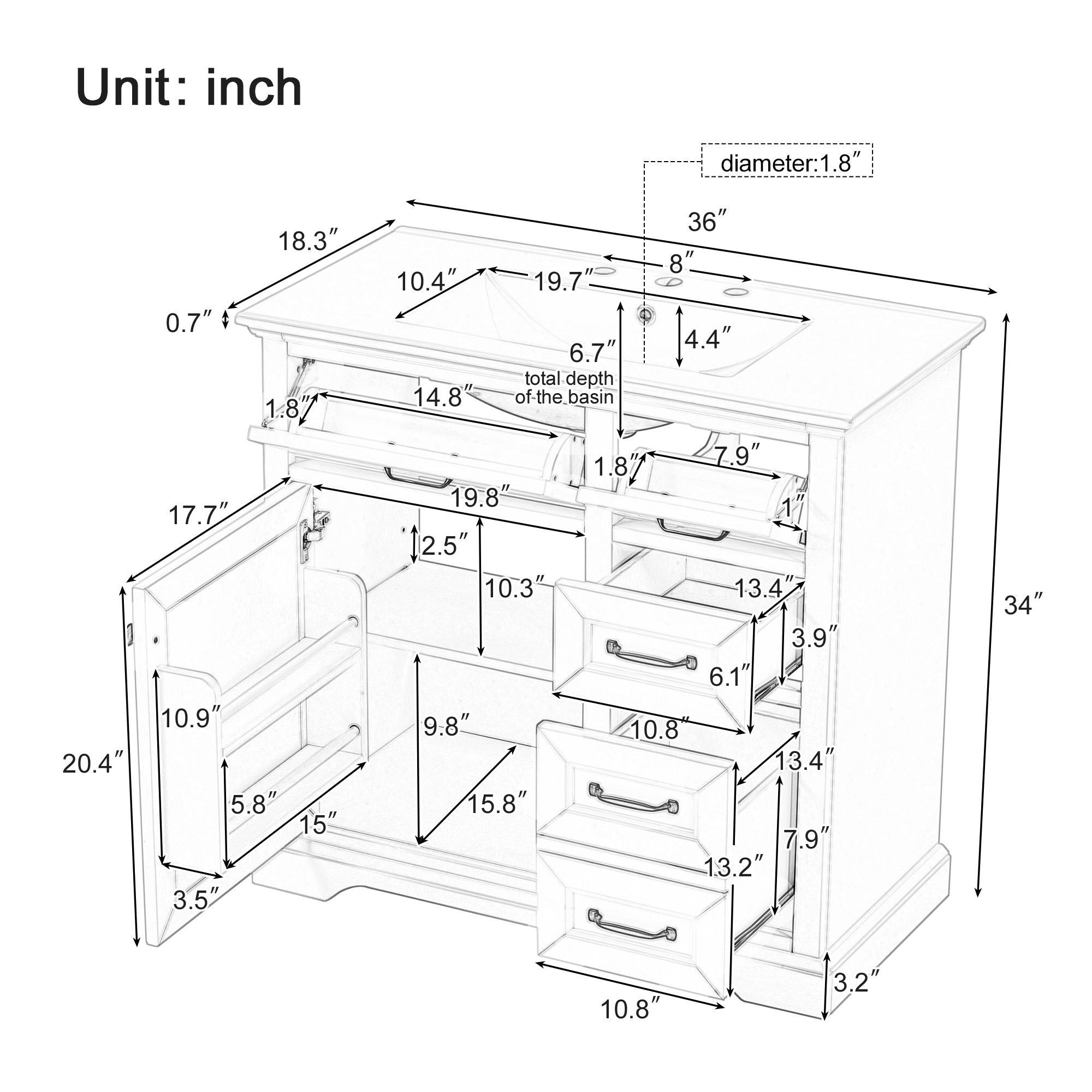 36&quot; Bathroom Vanity With Sink, 2 Tip Out Drawers, Soft Close Hinges