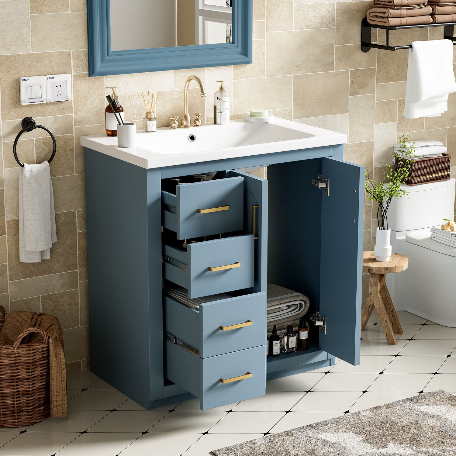 Ceramic Sink Combo, Freestanding Vanity Set With 3 Drawers &amp; Soft Closing Doors