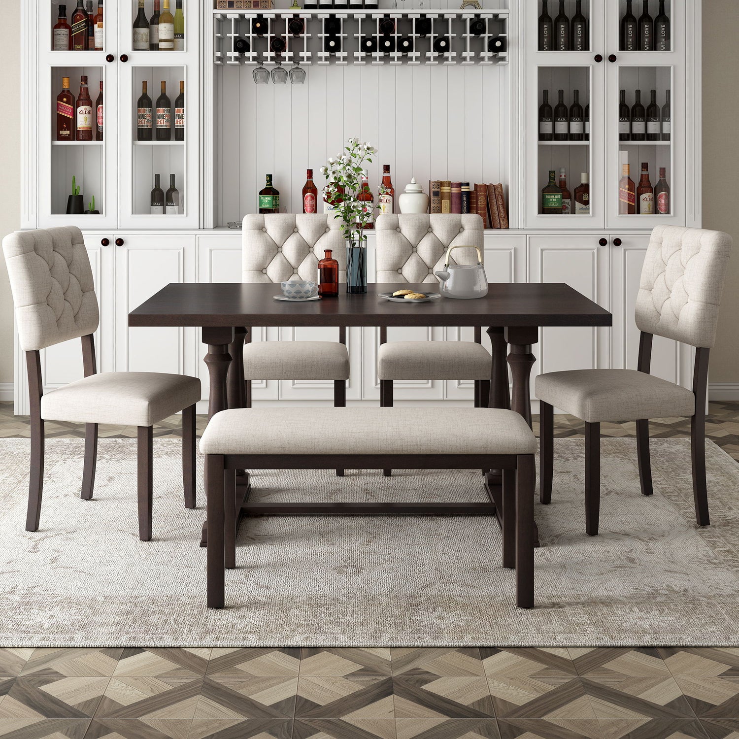6 Piece Dining Table And Chair Set With Special-Shaped Legs And Foam-Covered Seat Backs&amp;Cushions For Dining Room