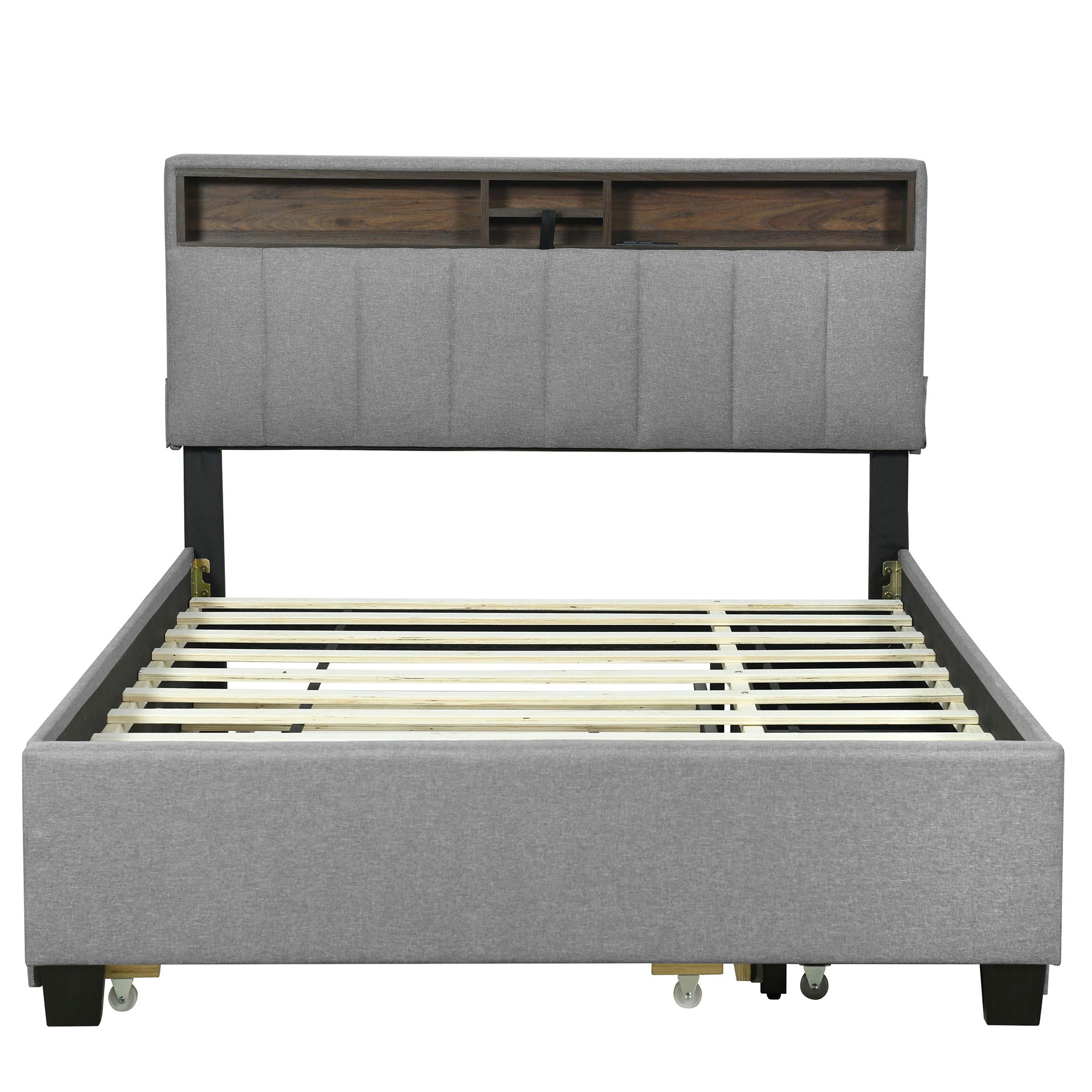 Upholstered Platform Bed With Storage Headboard, Trundle &amp; 2 Drawers And A Set Of Sockets &amp; USB Ports