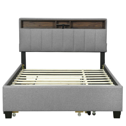 Upholstered Platform Bed With Storage Headboard, Trundle &amp; 2 Drawers And A Set Of Sockets &amp; USB Ports