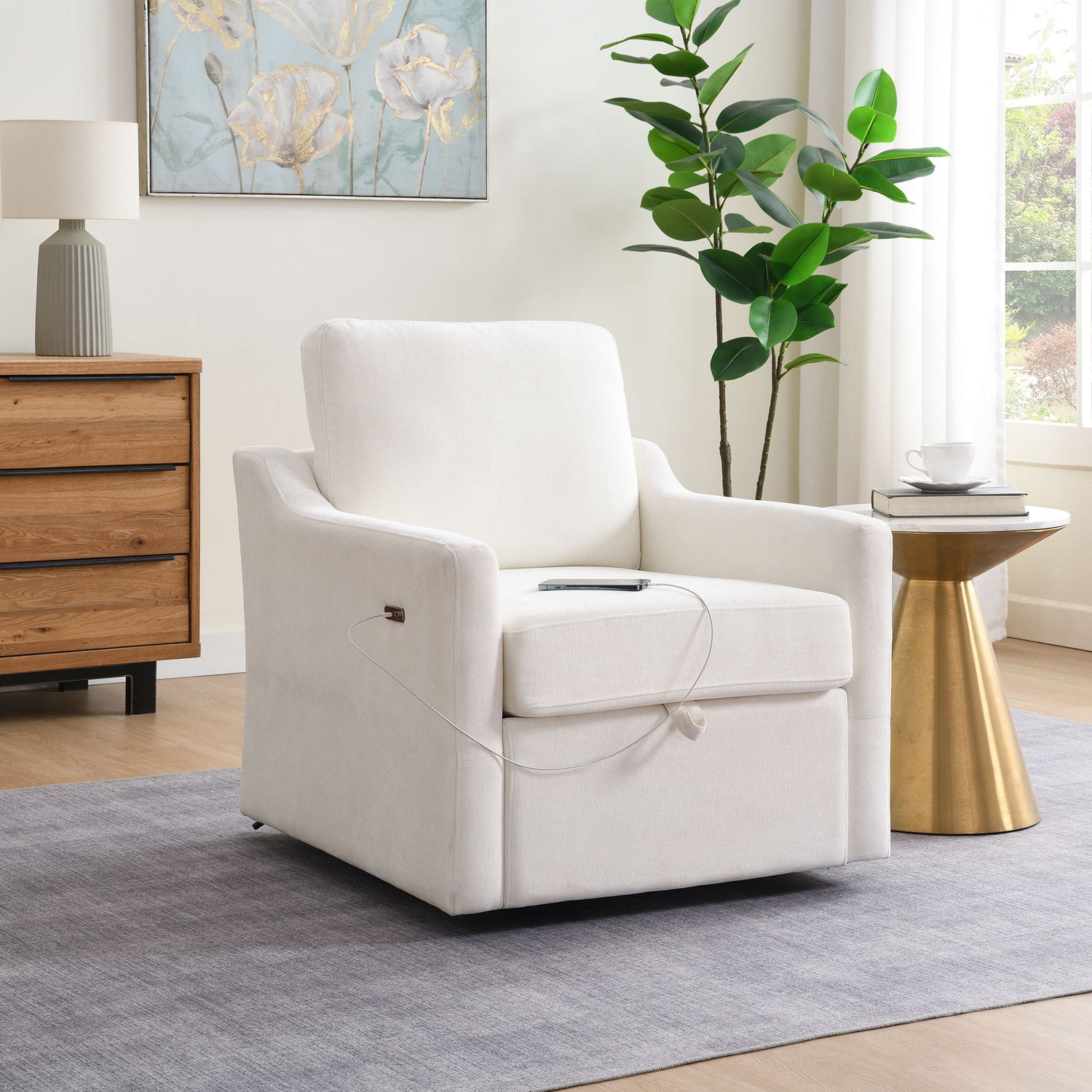 Swivel Arm Chair With USB Type-C Charging And Book Pocket
