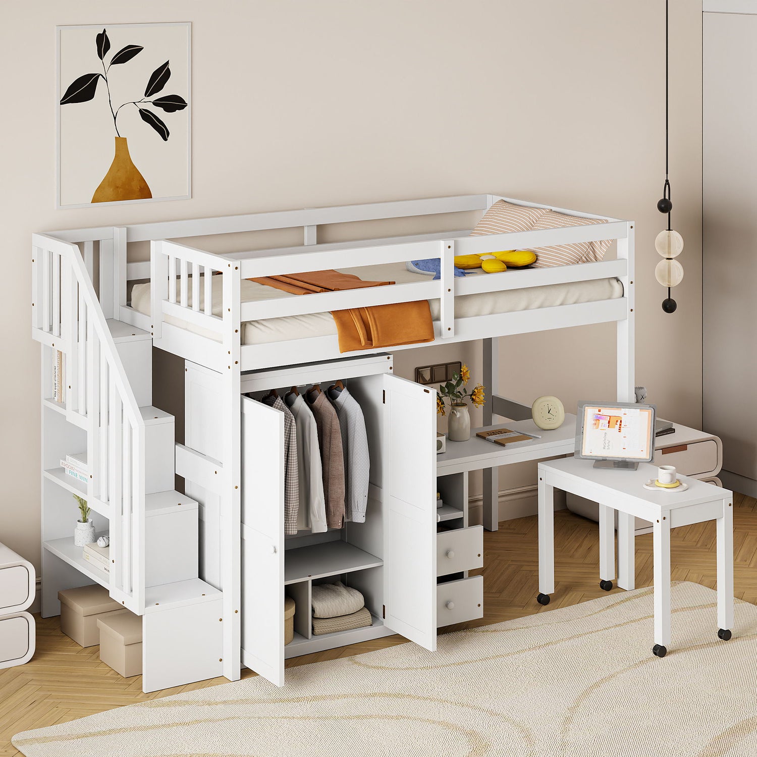 Loft Bed With Stairs, Bookshelf, Drawers, Desk &amp; Wardrobe, Space Saving Multifunctional Furniture