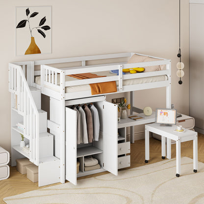 Loft Bed With Stairs, Bookshelf, Drawers, Desk &amp; Wardrobe, Space Saving Multifunctional Furniture